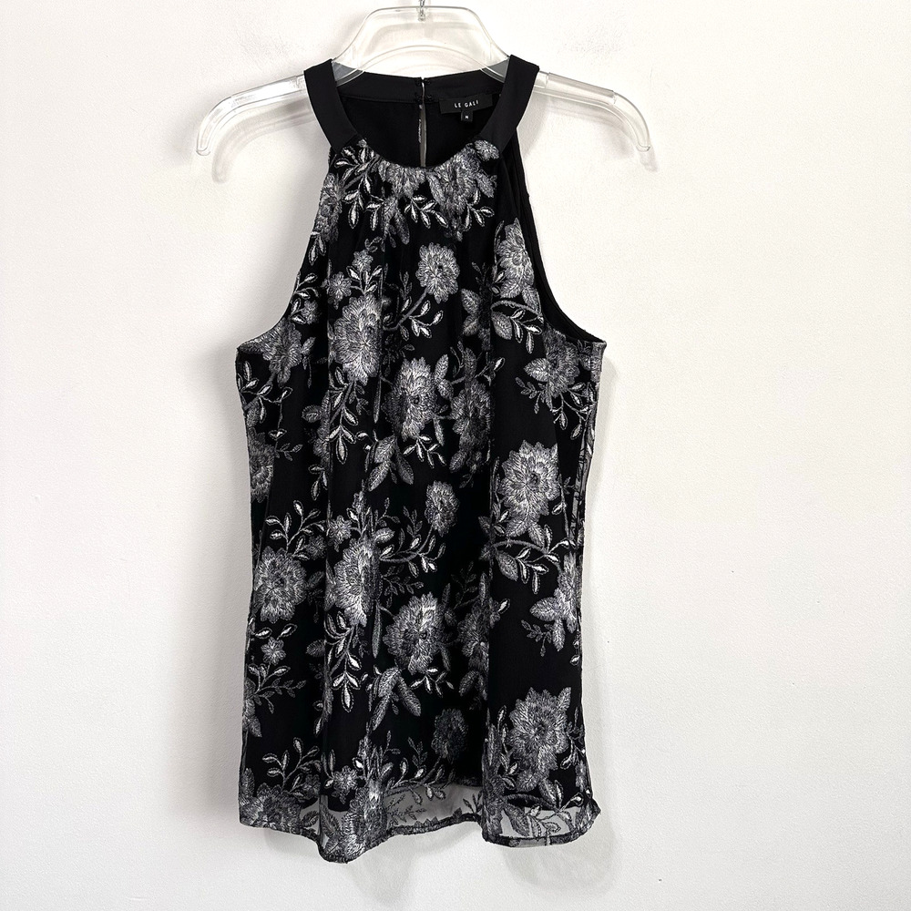Le Gali Halter‎ Tank Top Black Floral M Iva Sleeveless Floral Party Summer NWOT